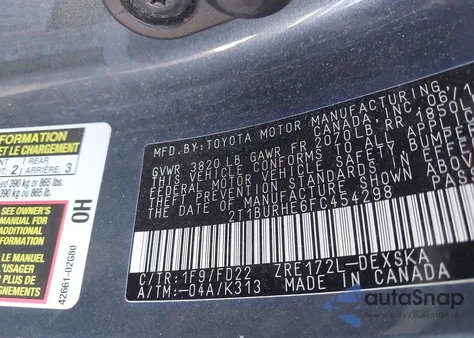 2015 Toyota Corolla S Plus из США, поврежденный, VIN 2T1BURHE6FC454298